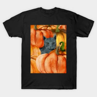 Black cat sitting between pumpkins T-Shirt